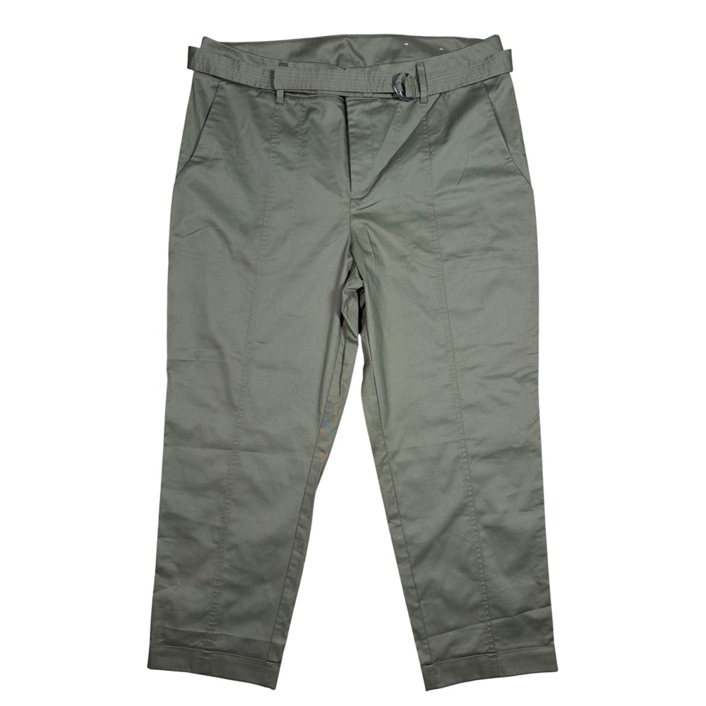 Chico's Utility Trousers Womens 16 Olive Green Belted Seam Detail Straight Leg